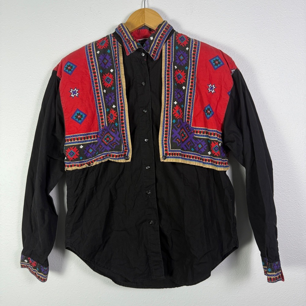 Vintage Button Down Shirt Womens Size L Black Red Southwestern Geometric